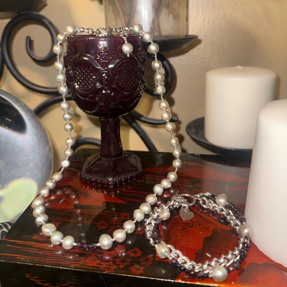 Veil Jewelry - Abyss Ambrosia - Set Garnet & Pearl & Onyx Necklace & Toggle Bracelet